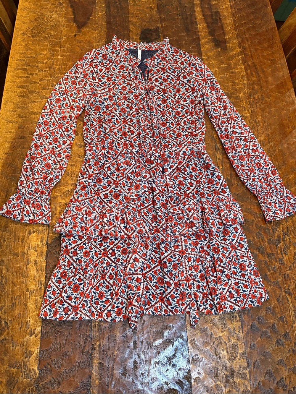Pepe Jeans Red, Blue, and White Floral Geometric Tiered Long Sleeve Dress